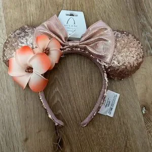 NWT Disney Aulani Rose Gold Sequin Plumeria Minnie Ears NWT AULANI Disney Hawaii Plumeria Ears Sequin Rose Gold  main image 3